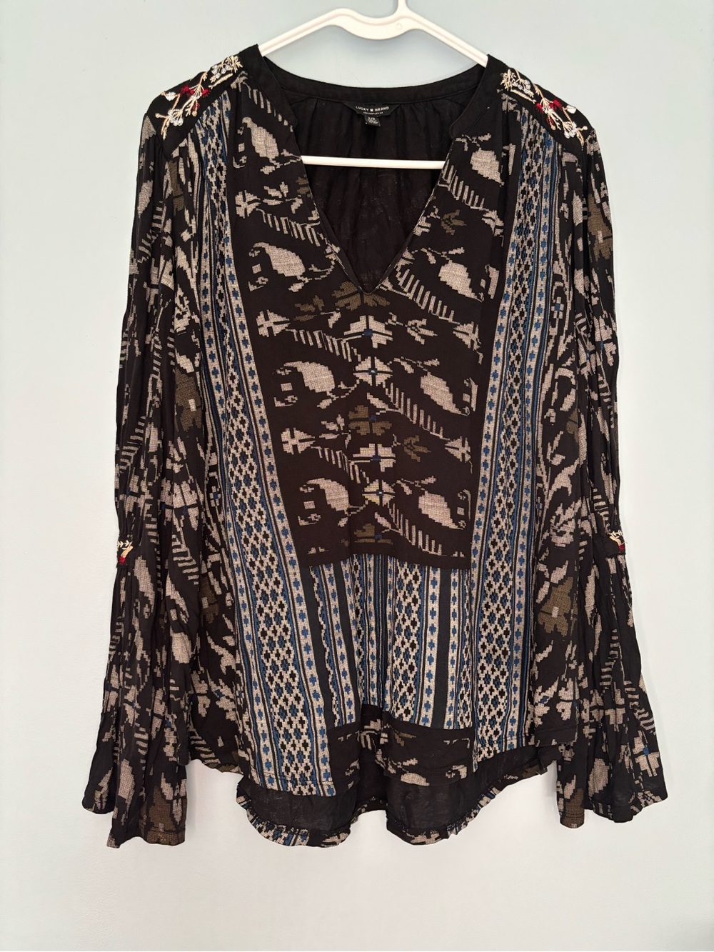 Lucky Brand Womens Top Long Flared Sleeve V Neck Embroidered Women’s Large Boho